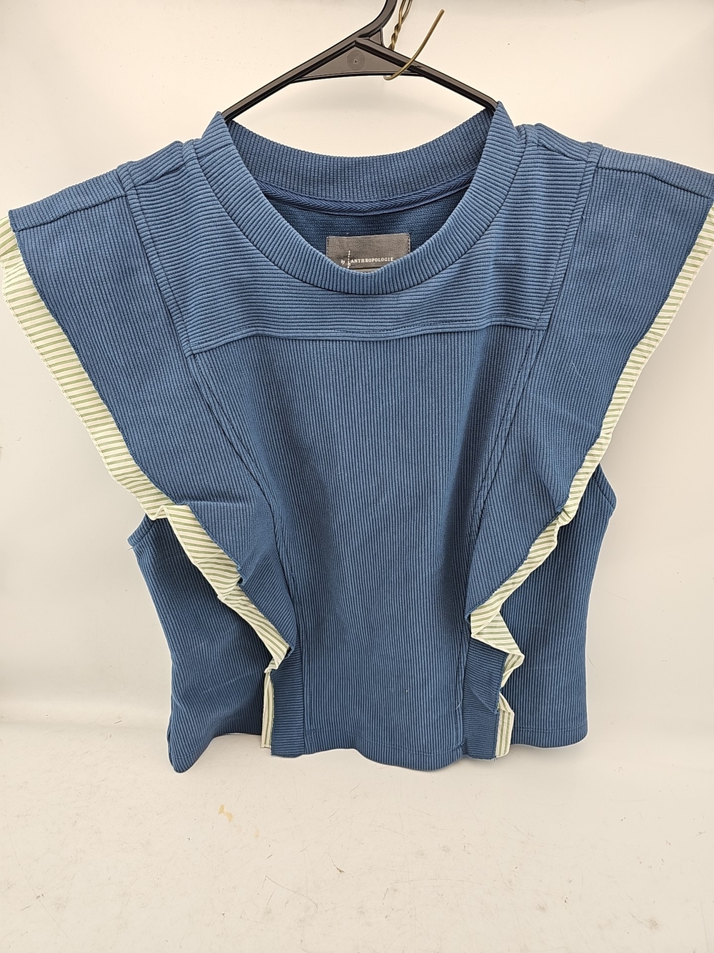 Anthropologie Blue Ribbed Ruffle-Sleeve Top with Cream Trim